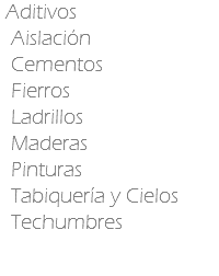  Aditivos Aislación Cementos Fierros Ladrillos Maderas Pinturas Tabiquería y Cielos Techumbres
